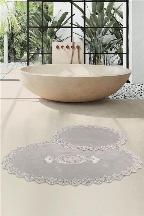 Bonny Home Cotton Lux Oval Gri 2'li Pamuk Dantelli Klozet Takımı Çeyizlik Banyo Paspası Seti