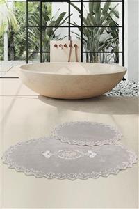 Bonny Home Cotton Lux Oval Gri 2'li Pamuk Dantelli Klozet Takımı Çeyizlik Banyo Paspası Seti