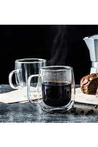 Vadi Çift Camlı Çift Cidarlı Cam Kupa Ev Ofis Fincanı 250 Ml Çift Katlı Isı Yalıtımlı Kulplu Cam Bardak
