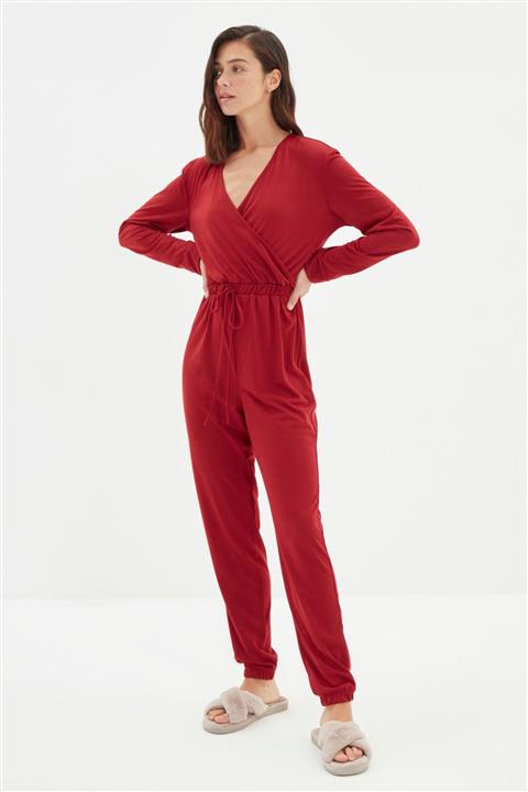 TRENDYOLMİLLA Bordo Kruvaze Yaka Örme Tulum THMAW22TU0142