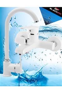 BlackFit Pirinç Çift Su Girişli 2'li Banyo Seti Beyaz Banyo Bataryası Beyaz Lavabo Bataryası