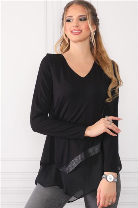 MODANİCE Kadın Siyah Asimetrik Şifon Detaylı Bluz