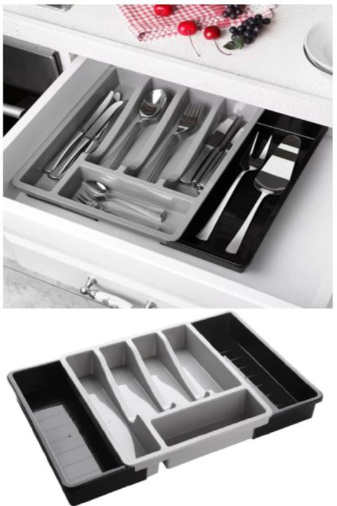 intekhome Çift Tarafa Açılabilen 5+2 Bölmeli Raylı Çatal-bıçak Organizeri (gri)