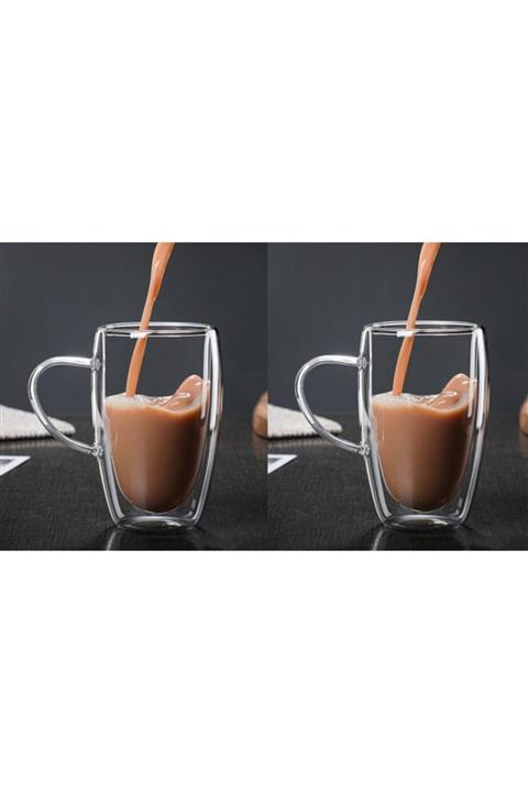 Asil Konsept 2 Adet 300 Ml Çift Cidarlı Cam Çay Kahve Meşrubat Kupa Çift Camlı Isı Yalıtımlı Kulplu Cam Bardak