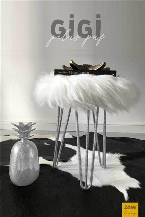 Zem Gigi Beyaz Peluş Silver Ayaklı Puf