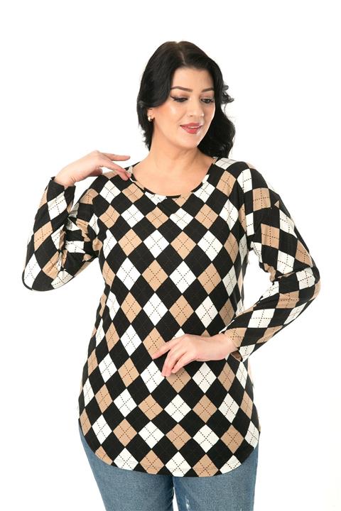 Womenice Kadın Siyah Ekose Pamuklu Bisiklet Yaka Büyük Beden Bluz