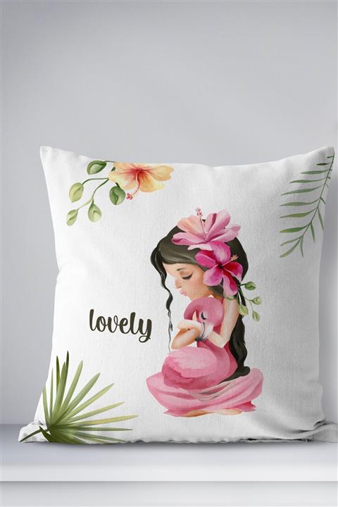 Homamia Çift Taraflı Kırlent Kılıfı Flamingolu Kız