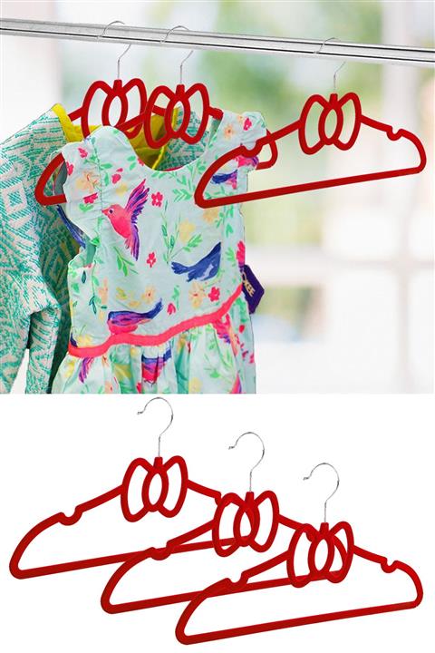 Helen's Home 3 Adet Kaydırmaz Kadife Çocuk Kıyafet Askısı Kırmızı