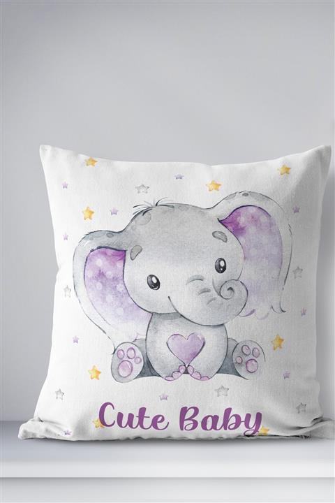 Homamia Çift Taraflı Kırlent Kılıfı Mor Kulaklı Fil