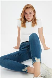 TRENDYOLMİLLA Lacivert Paçası Yırtıklı Yüksek Bel Skinny Jeans TWOSS20JE0299