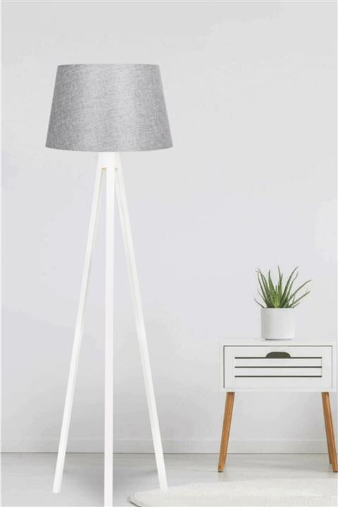 modamvip Lambader Ahşap 3 Ayaklı Tripod Lamba Abajur Konik Başlık Antrasit Beyaz Ayak 9922