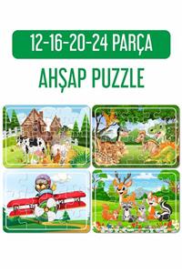 Baskı Atölyesi Sevimli Hayvanlar, Dinazorlar Ve Ayıcık Uçakta Ahşap Puzzle Seti