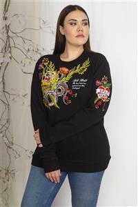 Şans Kadın Siyah Nakış Detaylı İçi Şardonlu 3 Iplik Sweatshirt 65N22233