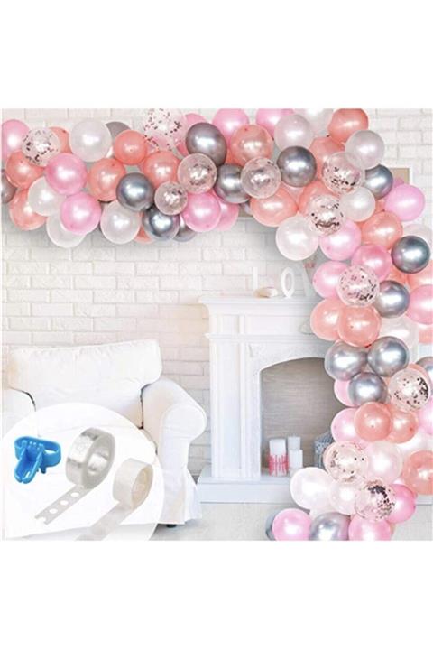 tmgrup Rose Gold Pembe Beyaz Gümüş Konfetili Renkte Zincir Balon Seti 60 Adet