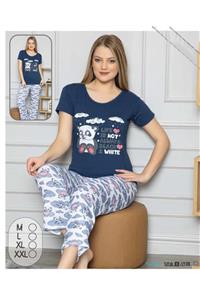 USLULAR Kadın Lacivert Yazılı Panda Baskılı Kaprili Pijama Takımı