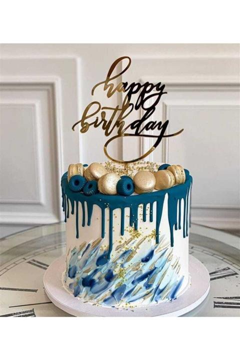 ASYATASARIM Pasta Süsü Happy Birtday Gold Pleksi Model