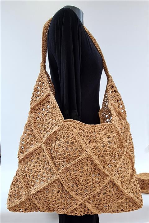 KarmaBoutik Kadın Bej Hasır Büyük Astarlı Plaj Ve Omuz Çantası