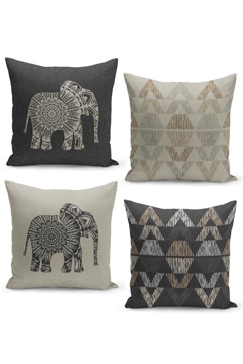 Filamente 4'lü Kırlent Kılıf Seti Keten Tweed Zemin Görünüm Etnik Bohem Ve Fil Desenli