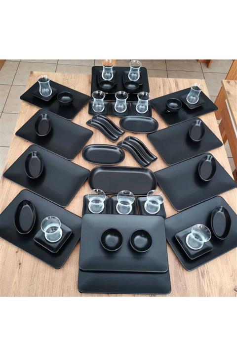 Keramika Takım Kahvaltı 55 Parça 12 Kişilik Mat Siyah Siera