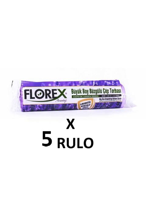 coverest Florex Lavanta Kokulu Büzgülü Büyük Boy ( 65x70 Cm ) Çöp Poşeti Mor 5 Rulo 10*5=50 Adet