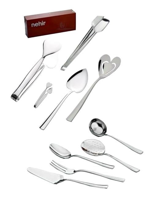 Nehir Çelik 10 Parça Spatula Kaşık Kevgir Kepçe Izgara Şeker Pasta Maşa Takımı Seti
