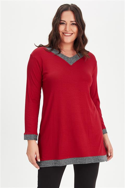 Moda Cazibe Kadın Bordo Büyük Beden Kolucu Etek Yaka Sim Tunik