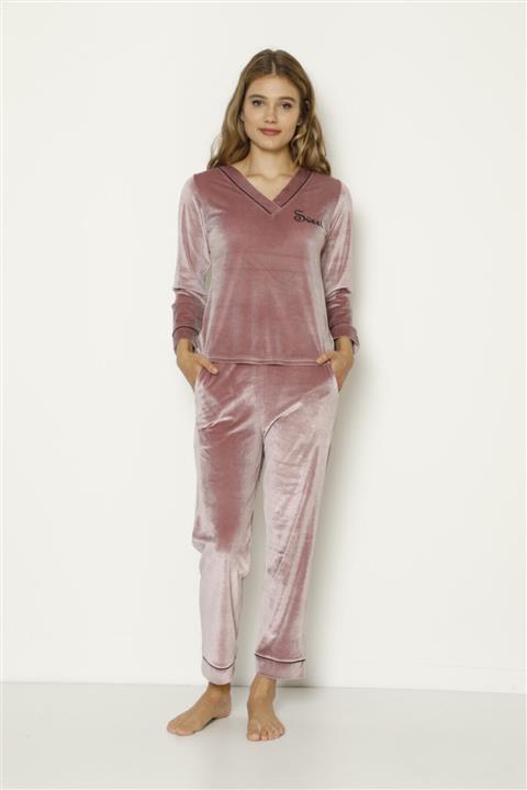 Angels Secret Kadife Yazı Desenli Kadın Sabahlık Gecelik Kışlık Pijama Takımı