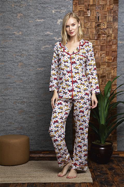 DOREA Kadın Ekru Dokuma Kumaş Önden Düğmeli Uzun Kollu Pijama Takımı