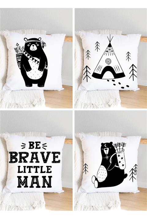 JUNİOR HOME CONCEPT Iskandinav Kızılderili Ayıcıklı Dijital Baskı 4'lü Kırlent Kılıf Seti