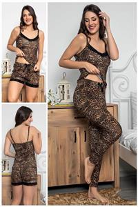 MyBen Kadın Leopar Desenli Dantel Detaylı Şortlu Ve Taytlı Pijama Takımı 3'lü Set 75000