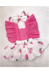 ŞAPKAKİDS Pembe Ananas Desen Salopet Bandana Set