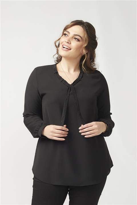 Moda Alba Siyah Yaka Taşlı Bağlamalı Büyük Beden Şık Bluz