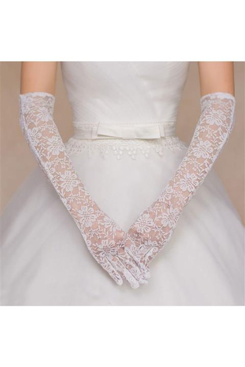 HİLALSHOP Beyaz Renk Uzun Boy Dantelli Eldiven