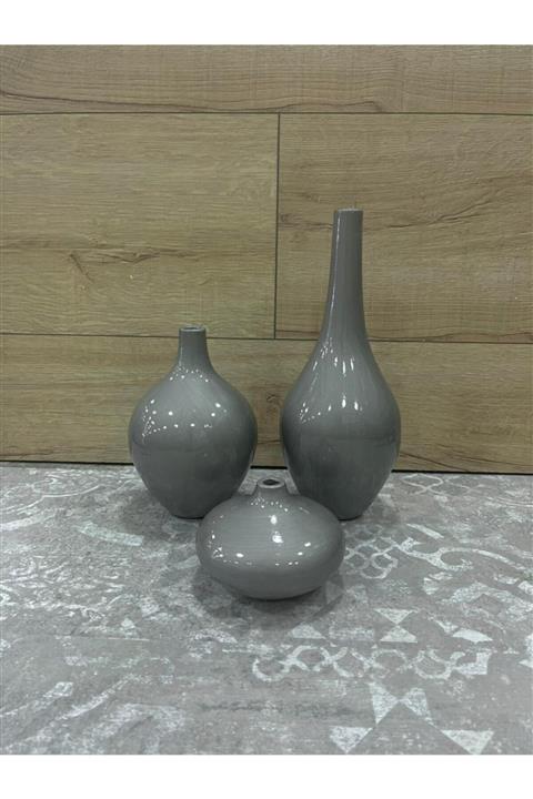 Dilek Gümüş Gri 3lü Dekoratif Şişe Vazo Seramik Luxury