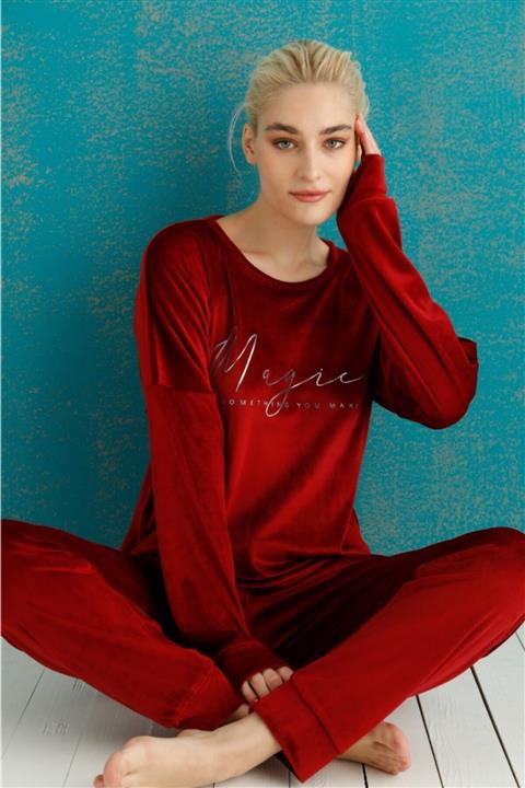 PİJAMAWOME Kadın Kırmızı Fransız Kadife Pijama Takımı