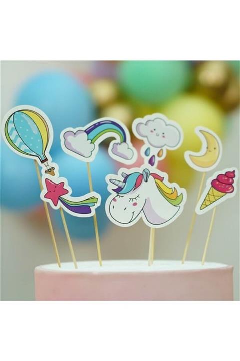 Partifabrik Unicorn Gökkuşağı Temalı Cake Topper Pasta Süsü 7 Li