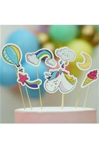 Partifabrik Unicorn Gökkuşağı Temalı Cake Topper Pasta Süsü 7 Li