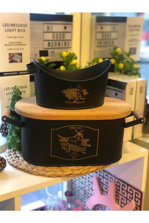 Eksprespazar Siyah Metal&ahşap Kapaklı 2'li Kayık Ekmeklik Ve Büyük Ekmeklik (kapağı Kesme Tahtasıdır) Nsl631