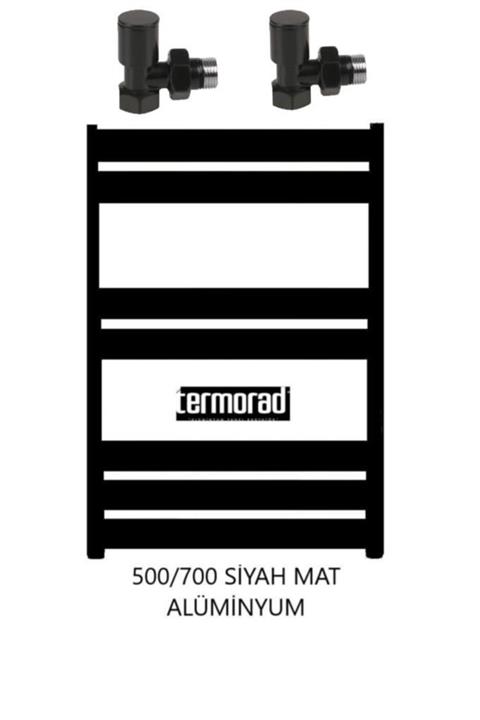 ULUMAK Mat Siyah Alüminyum Havlupan 50*70 Cm Termorad Petsa Slim +2 Adet Radyatör Havlupan Vanası Siyah Mat