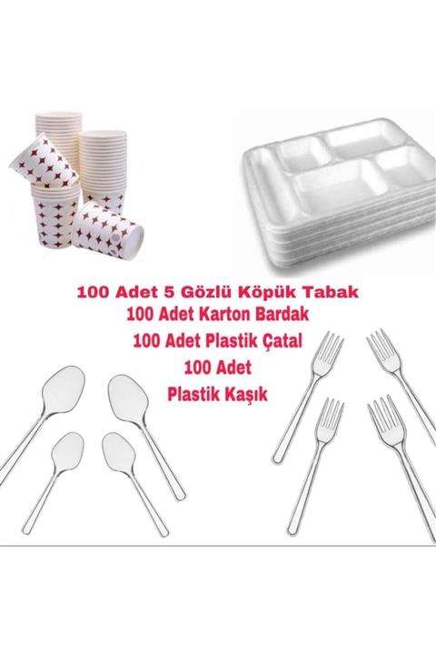 ÖZKAN AMBALAJ 5 Gözlü Tabldot Köpük Tabak - Plastik Çatal,kaşık-karton Bardak