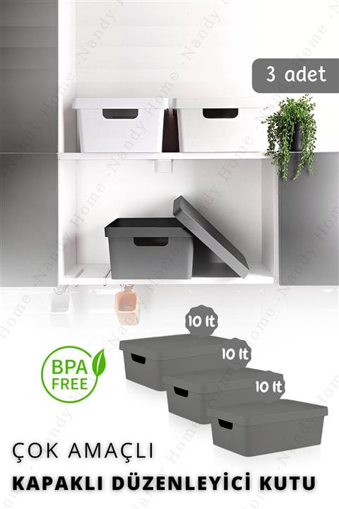 Nandy Home 10 Lt. Kapaklı Kutu 3 Adet Antrasit