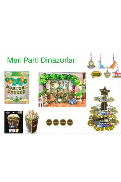 MERİ PARTİ Dinazorlar Set 100 Adet Dinazor Balon Dinzazor Banner Kek Standı Mısır Kutusu Set Dinazor Parti Set