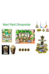 MERİ PARTİ Dinazorlar Set 100 Adet Dinazor Balon Dinzazor Banner Kek Standı Mısır Kutusu Set Dinazor Parti Set