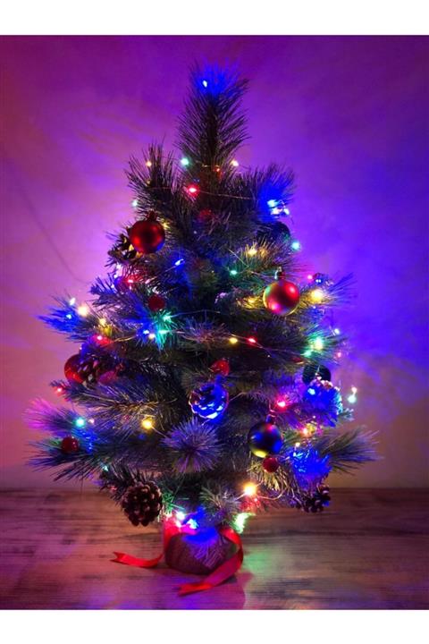 Cold Easy Yeni Yıl Çam Ağacı, 10mt Renkli Led, Süslü,kozalaklı,kokinali Ve Kar Efektli 64 Cm, Dekoratif Ağaç