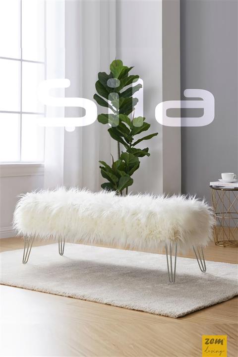 Zem Şila Bench Beyaz Peluş - Silver Ayaklı 120 Cm