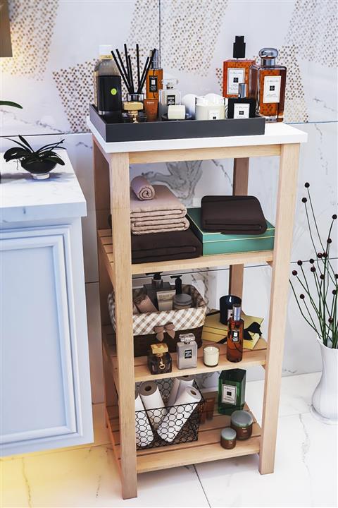 AnkaWood Ahşap %100 Kayın Çok Amaçlı Raf Banyo Rafı Şampuanlık 4 Raflı Banyo Düzenleyici