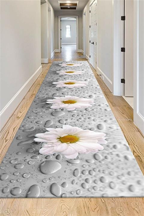 sürmeli Dijital Baskılı Yıkanabilir Gri Zeminli Damla Ve Papatya Desenli Yolluk Ve Halı