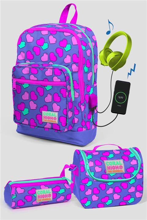 Coral High Lavanta Kalp Desenli Dört Bölmeli Usb Şarjlı Kulaklık Çıkışlı Çanta 3'lü 23263