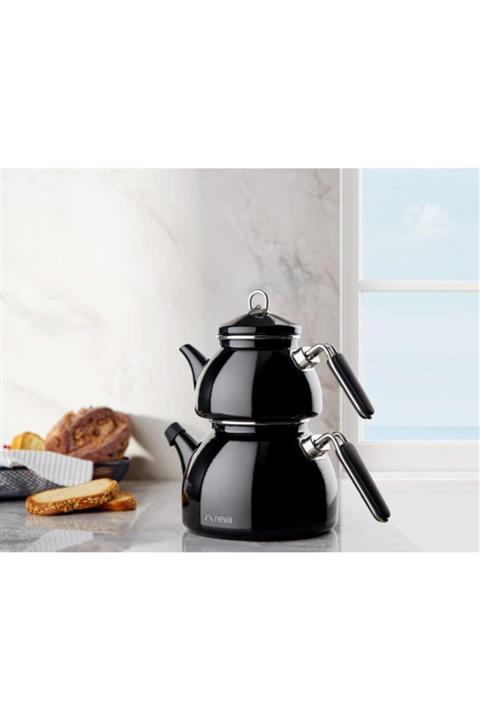 Neva Siyah Emaye El Yakmayan Kulplu Büyük Boy Çaydanlık Takımı
