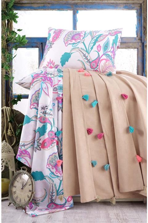 Lale Home Bej Rengi Püsküllü Çift Kişilik Pike Takımı